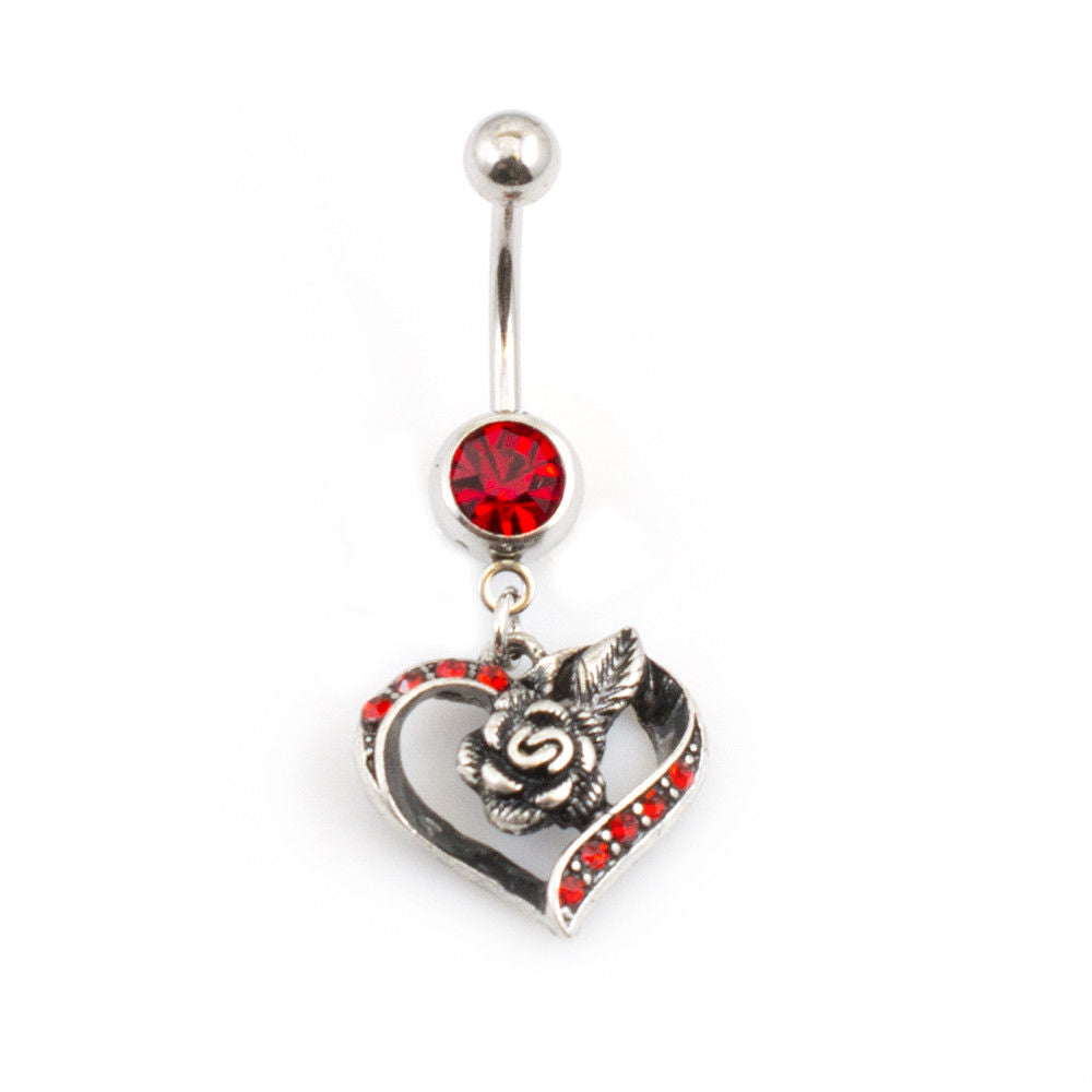 Belly Button Ring with Heart and Flower Design 14g