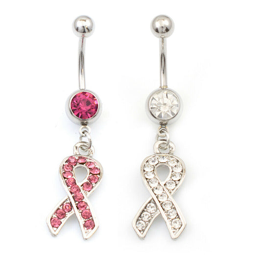 Pair of Belly Button Rings with Cancer Awareness dangle Pink and Clear CZ 14g