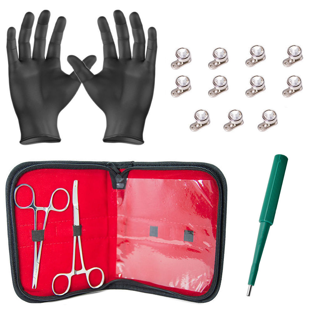 Dermal Body Piercing Kit - 2 Forceps w/11 Dermal Gem Tops and Bottoms + Gloves
