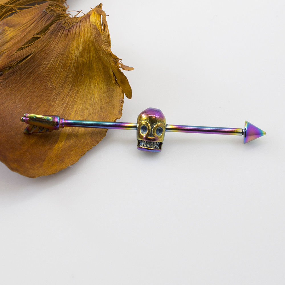 Industrial Barbell with Skull Design Anodized Titanium 14G