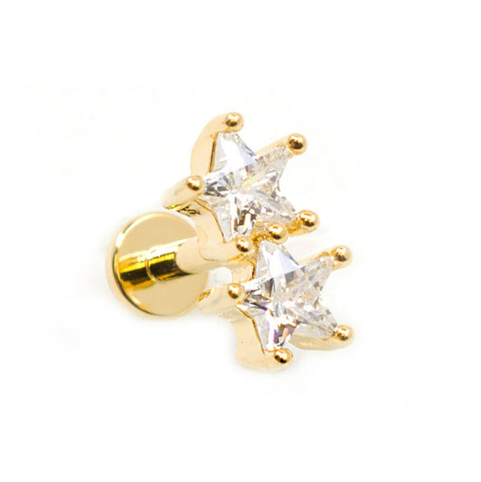 Flat Back Studs Internally Threaded Surgical Steel 16g with Twin CZ Star Top