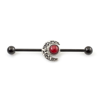 Industrial Barbell with Moon and Red Stone Design 14G 38mm Length