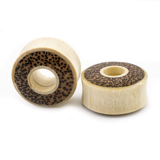 Pair of Ear Tunnels made of Crocodile Wood with Leopard Print Double Flared