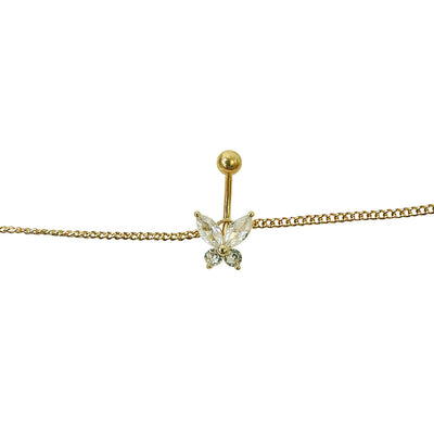 Belly Chain Button Navel Ring Surgical Steel Gold Plated Waist Belly Chain with Non-Dangle CZ Butterfly 14 Gauge