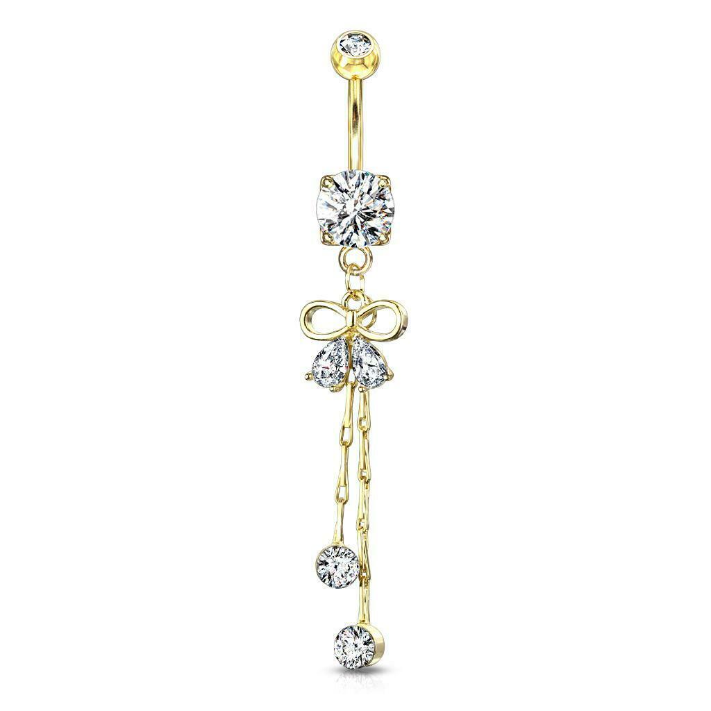 Belly Button  with Two Pear CZ Ribbon with Round Crystal on Chain Dangle Design