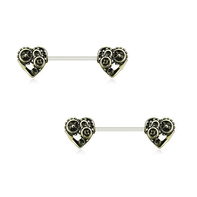 Pair of Nipple Rings 14G Heart Steampunk Design Surgical Steel Antique Colors