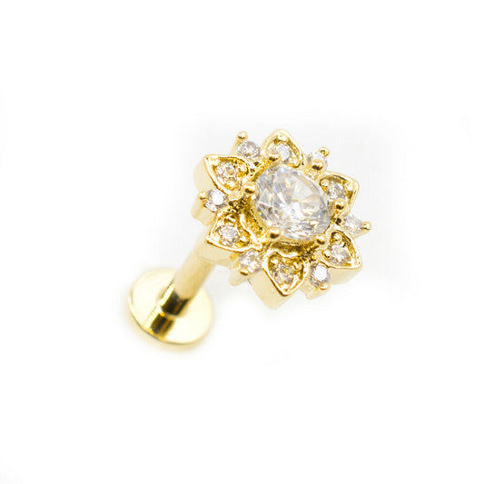 Flat Back Studs Internally Threaded 16g with Paved CZ Flower and Round CZ Center