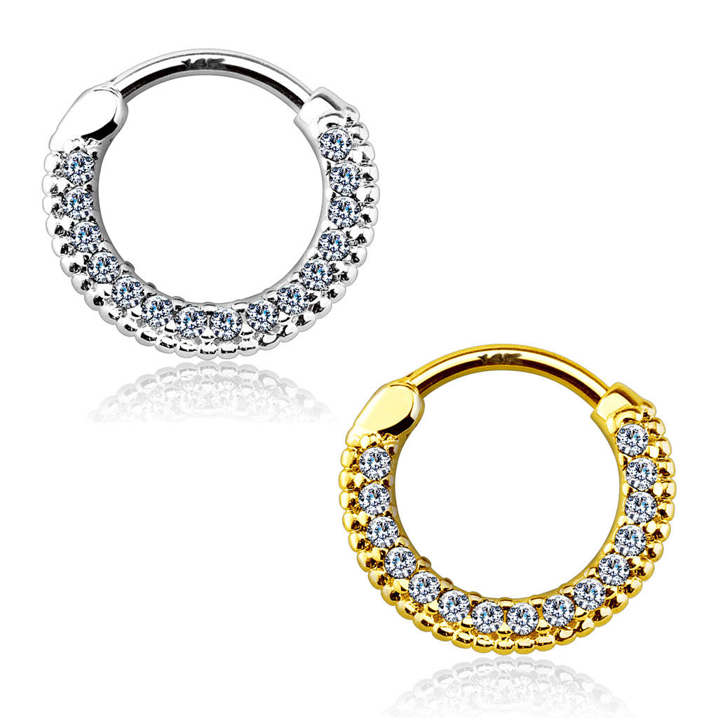 Septum Clicker Round Paved Gems 14Kt Gold 16g and 14g available