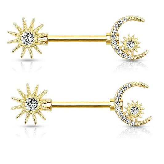 Nipple Ring Barbells with Sun and Crescent Moon Stars CZ 14G - Sold as a Pair
