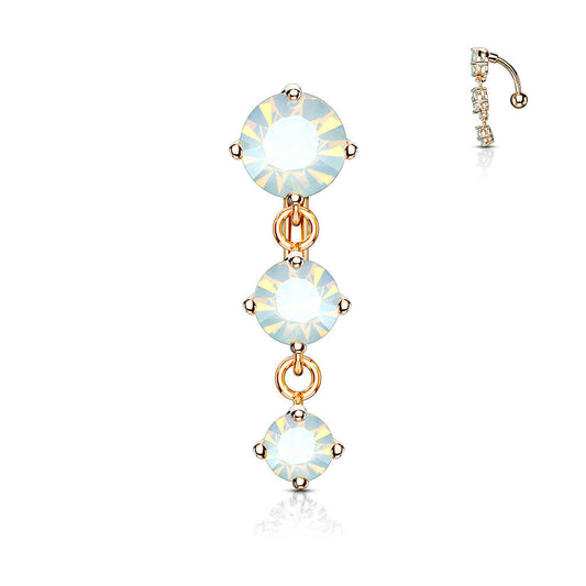 Belly Button Ring Reverse Design with Three Prong Set Round Opalite Crystal