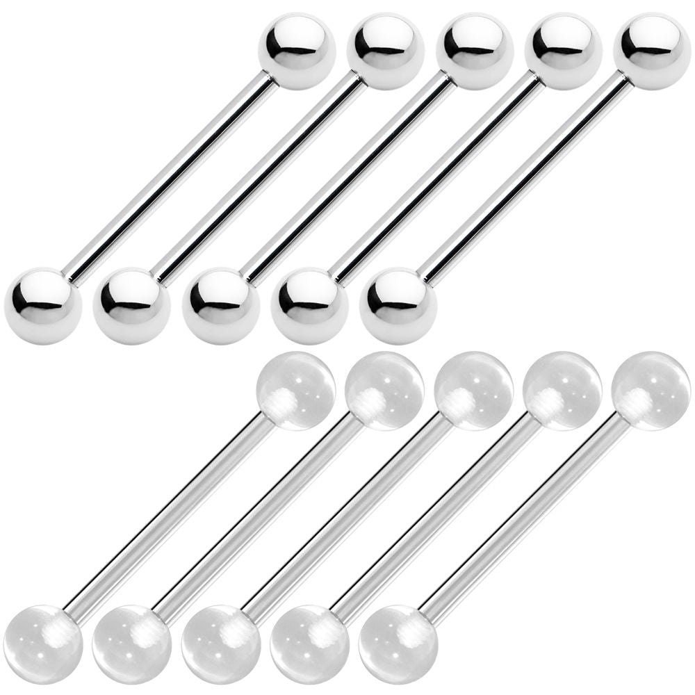 Wholesale of 10 Tongue Piercing Barbells 14G Surgical Steel and Clear Retainers