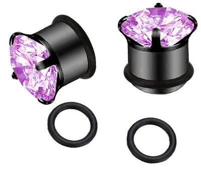 Black Plugs 0 Ring Style with Prong Cubic Zirconia Surgical Steel- Sold Pair