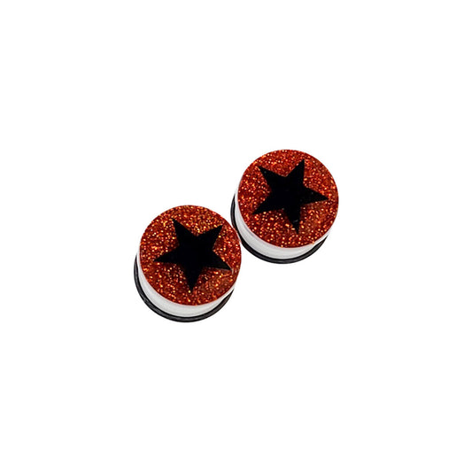 Pair of Acrylic O-ring Ear Plugs Gauges Black Star Red Glitter Design