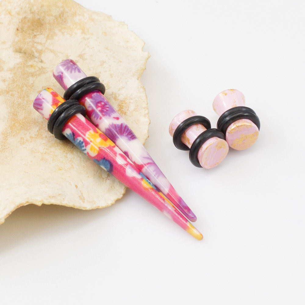 Ear Plugs with Tapers Stretching kit Colorful Flower Design with O rings