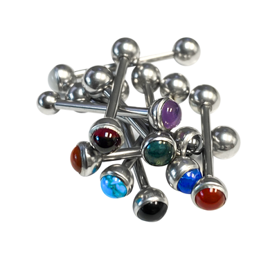 Tongue rings Barbells surgical steel with Semi precious stone top Ball 10 pack