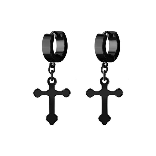 Earrings stainless steel PVD black plated huggie with a black cross dangling