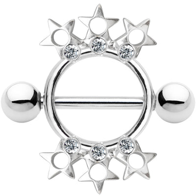Nipple Piercing Shield - Pair of Star and CZ Design Nipple Shields - 14ga 316L