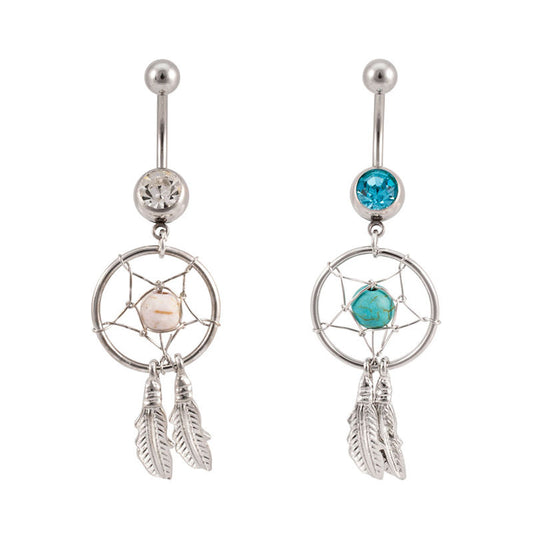 Dangling Dream catcher 14ga Belly Rings with CZ Gem 1 Pair