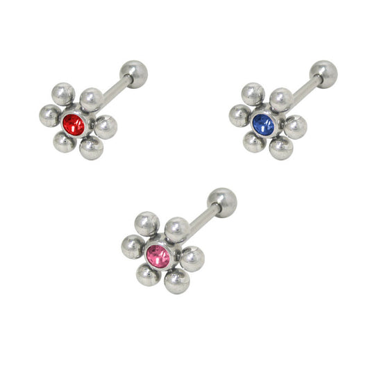Tongue Ring Barbell 14ga Flower Design with Jewel - 3 Pack