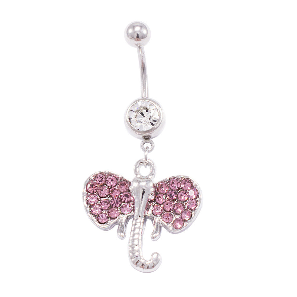 Belly Button Ring Elephant Design with Pink and  White Cz 14G Surgical Steel