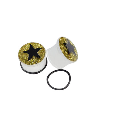 Pair of Acrylic O-ring Ear Plugs Gauges Black Star Gold Glitter Design