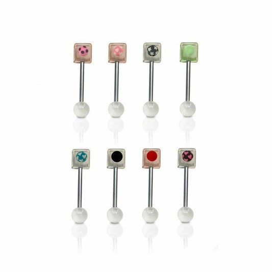Tongue Surgical Steel Barbells with Acrylic Transparent Ball in Cube Assorted Co