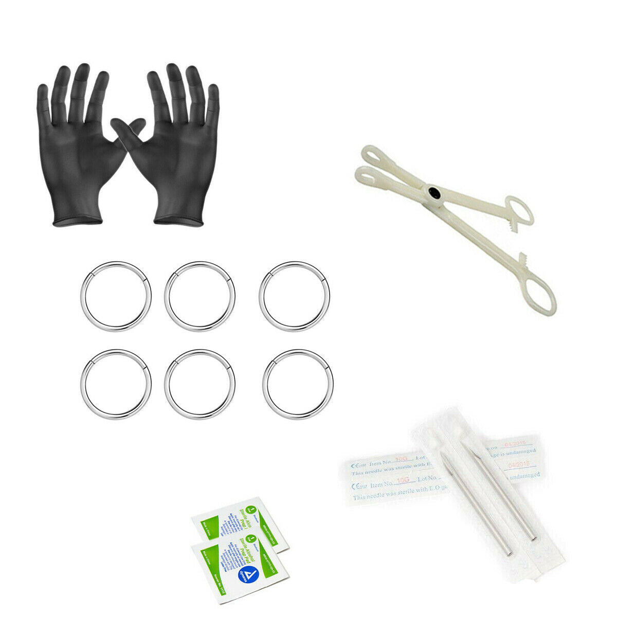 12-Piece Hinged Ring Piercing Kit - Includes (6) 14g Hinged Ring, (2) Needles, (1) Forceps, (2) Alcohol Wipes and a Pair of Gloves