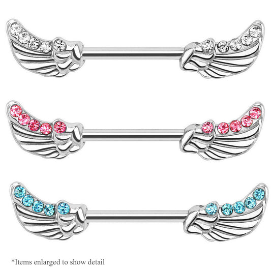 Nipple Piercing Barbell - Pair of Angel Wing Design with CZ Gems