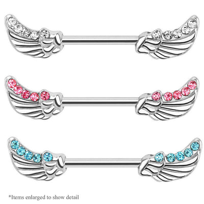 Nipple Piercing Barbell - Pair of Angel Wing Design with CZ Gems