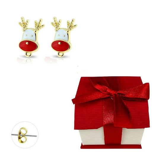 Holiday Earrings Studs Gold Plated Enamel Reindeer Gift Box Included
