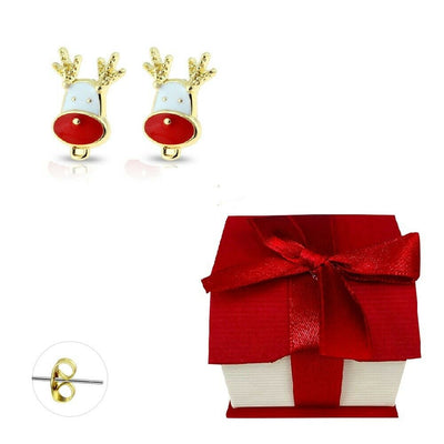 Holiday Earrings Studs Gold Plated Enamel Reindeer Gift Box Included