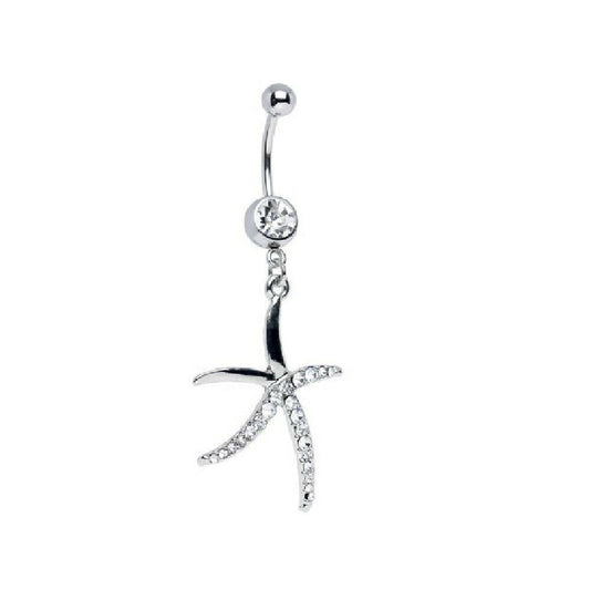 Belly Button Ring with Dangle Star Fish with Clear Cubic Zirconia Jewels 14G
