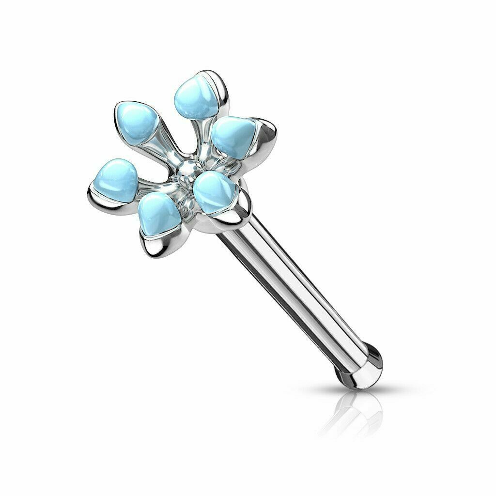 Nose Bone Stud Ring with Enamel Flower Top Surgical Steel 20ga- Sold Each