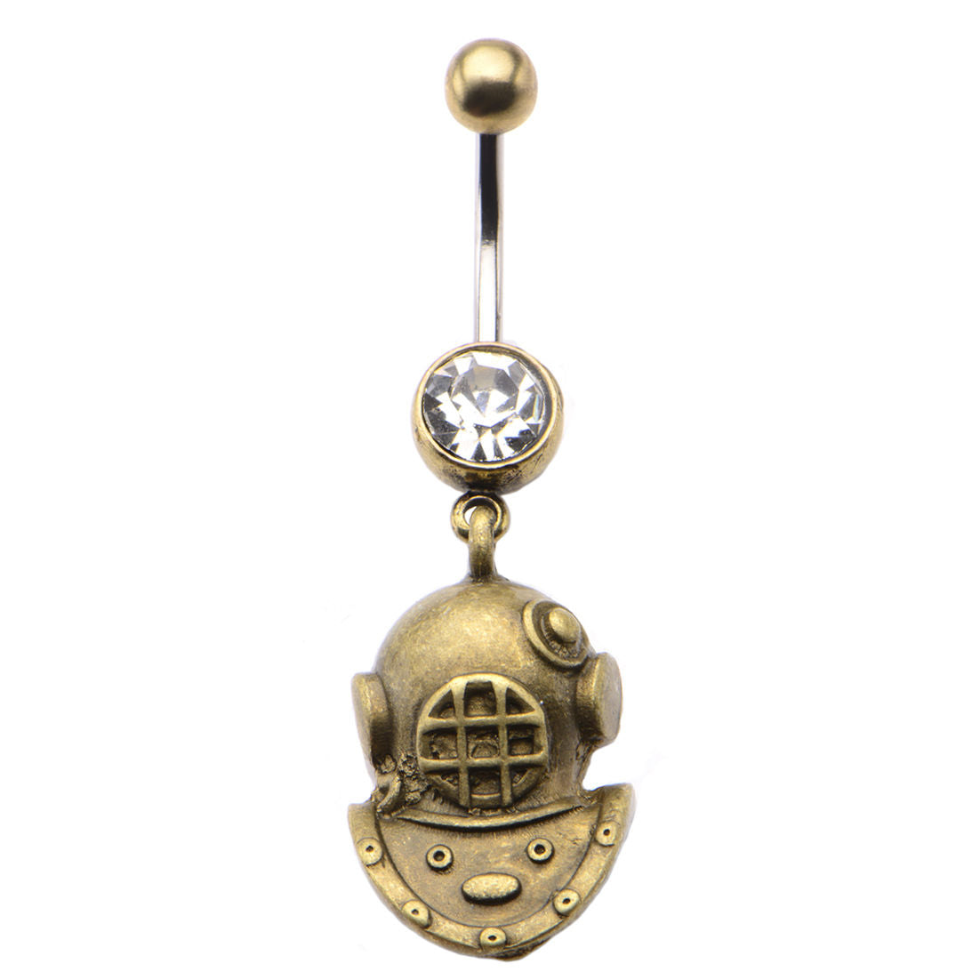 Belly Navel Ring with Antique Brass Diver Helmet Dangle Charm 14g-7/16"(11mm)
