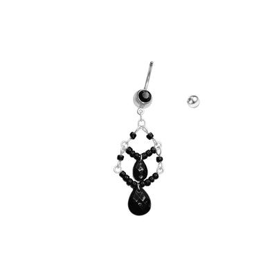 Belly Navel Ring Dangle with 2 Tiered Black Beads Gothic Art Deco Style 14G