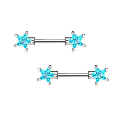 Pair of Nipple Barbells 14G Surgical Steel with Star Shaped Prong Set CZ Gems