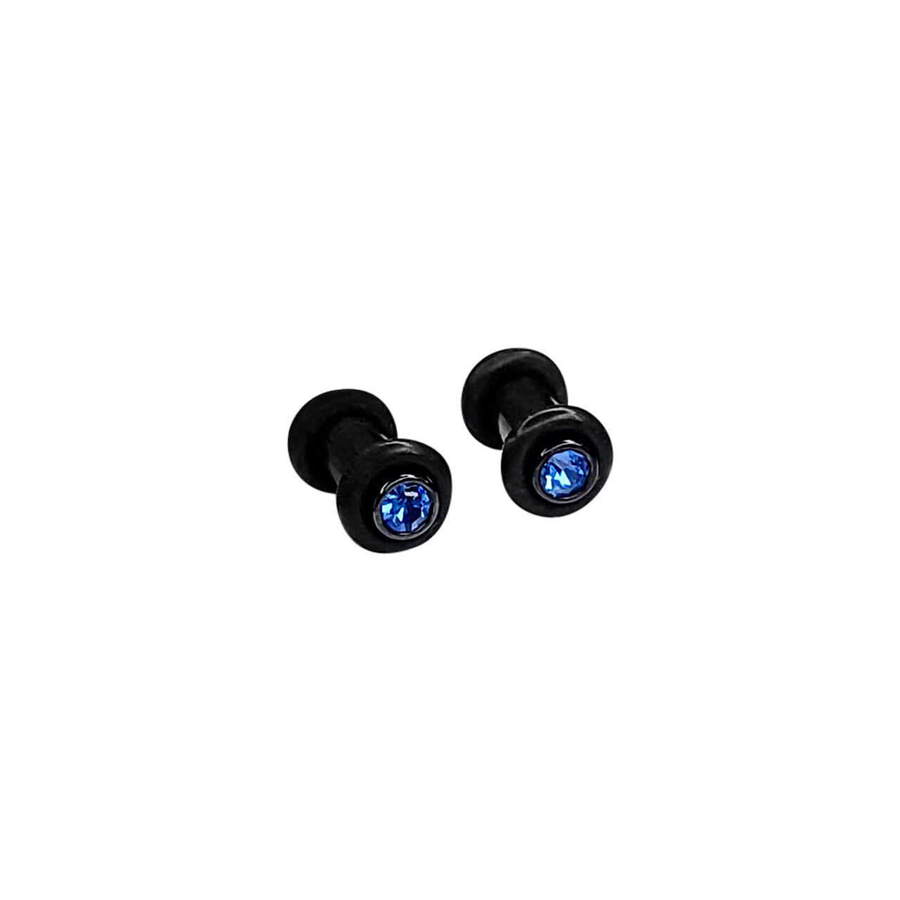Pair of Ear Plug Gauges O-ring Blue CZ Jewel Black IP Titanium 8 Gauge