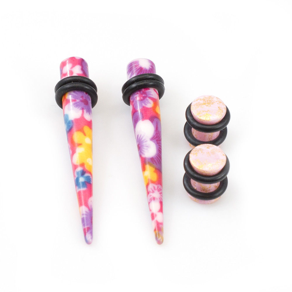 Ear Plugs with Tapers Stretching kit Colorful Flower Design with O rings