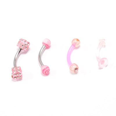 Pink Eyebrow Ring 4pc Dice Swirl Clear Acrylic & Bioflex Retainer Cartilage 14G