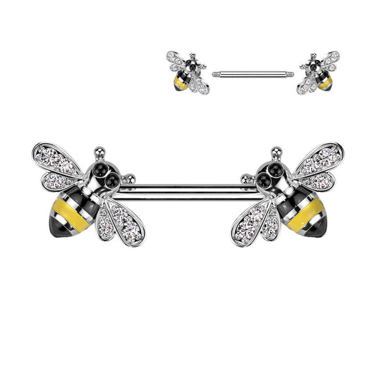 Nipple Ring Straight Barbell With CZ Bee Ends Surgical Steel 14 Gauge