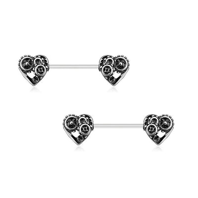 Pair of Nipple Rings 14G Heart Steampunk Design Surgical Steel Antique Colors