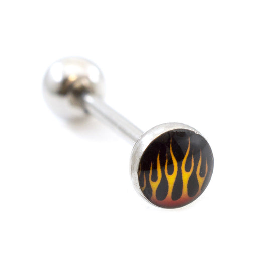 Tongue Barbell with Fire Flames design 14g