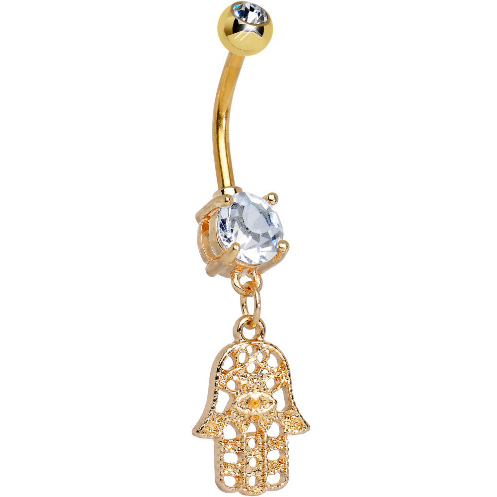 14ga Hamsa Dangling Belly Navel Ring with Large Prong-Set CZ - Silver or Gold
