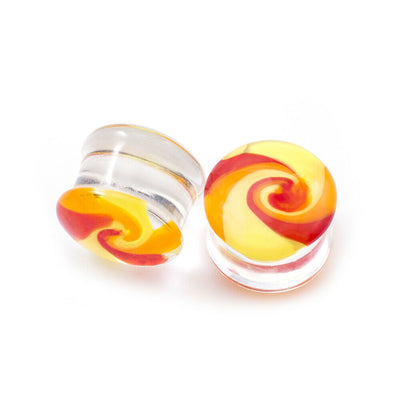 Pair of Ear Plugs Colorful Yellow and Orange abstract design Made of Glass Doubl
