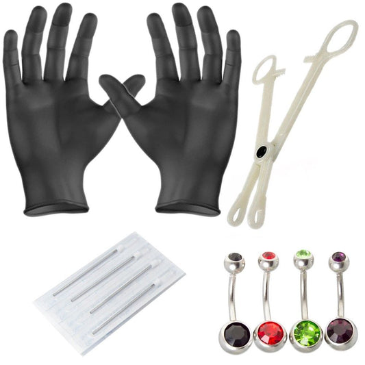 10-Piece Belly Piercing Kit incl. Belly Jewelry, Gloves, Forceps and 14G Needles