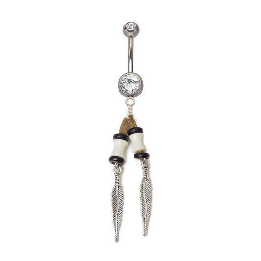 2-Jewel 316L Surgical Steel Belly Ring with Rhodium Plated Feather Dangle
