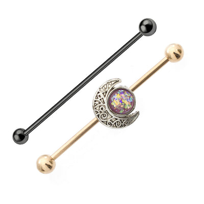 Industrial Barbells with Opal and Moon Charms Rose Gold IP and Black IP Barbells
