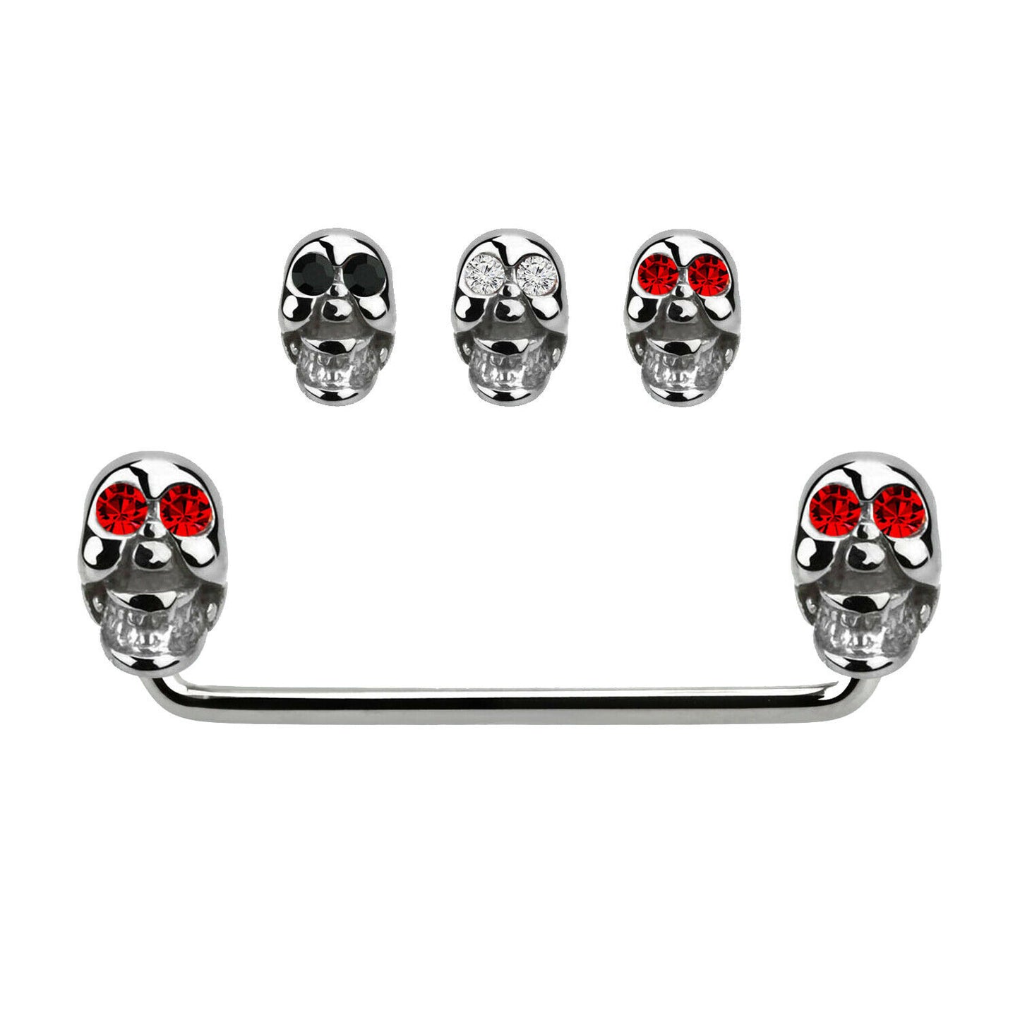 Staple Surface Barbell with Internally Threaded Skull with Jewel eyes 14G