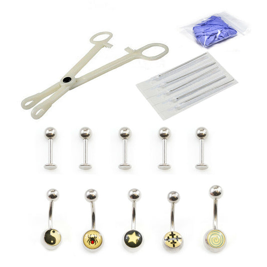 Piercing Kit 17pcs Belly Ring, Labret, Disposable forceps Needles and Gloves 14G