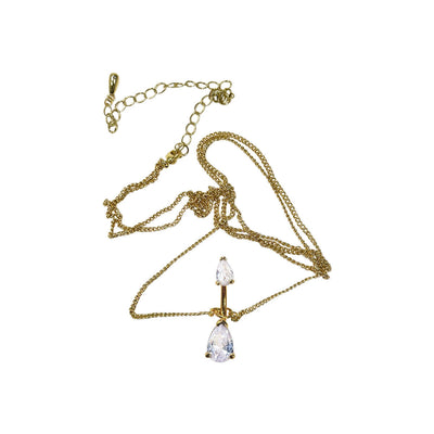 Belly Chain Button Navel Ring Surgical Steel Gold Plated Waist Belly Chain with Non-Dangle Double CZ Teardrop 14 Gauge